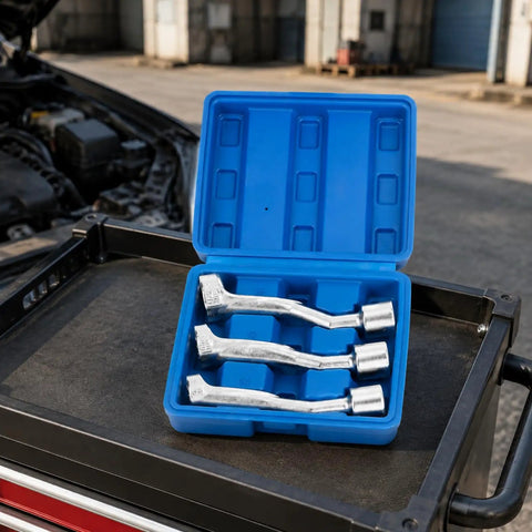 Heavy Duty 1/2 Inch Drive Molybdenum Steel Socket Wrench set in blue case on toolbox, designed for mechanic uses.