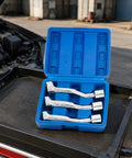 Knuckle Busting Angled Socket Wrench With Slotted Head And Half Inch Drive for deep engine bay in blue storage case.