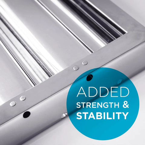 Close-up of High Efficiency Pro Grade Commercial Kitchen Hood Filter Pack Of 2 For Restaurant Range Hoods, 430 Stainless Steel corner detail.