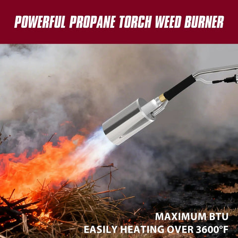 Heavy Duty Propane Weed Torch Kit With Turbo Trigger in use, emitting high BTU flame over 3600°F, ideal for weeding and outdoor tasks