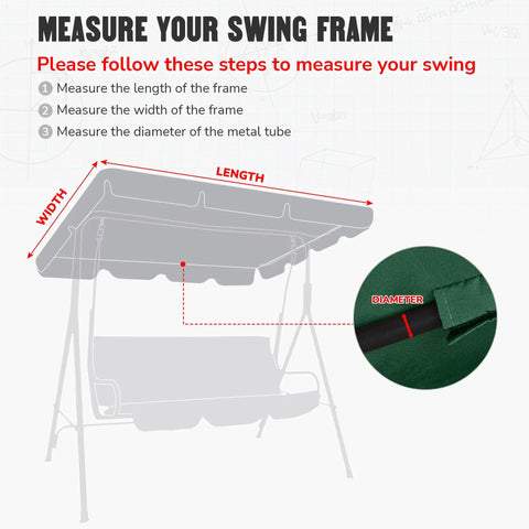 Diagram showing measurement guide for Outdoor Swing Canopy Replacement UV30 Plus 180Gsm Green Canopy Top 76x44 Inches.