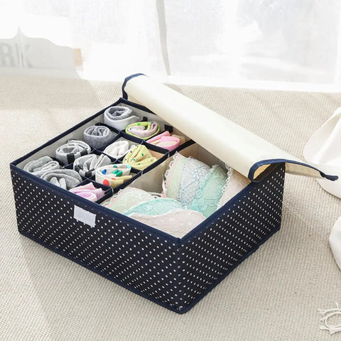 Grid Multi Compartment Underwear Storage Box Oxford Cloth Closet Organizer Collapsible Fabric Drawers Bins with organized socks and lingerie