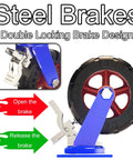 Heavy Duty Rubber Casters Set Of 4 With Dual Locking Brakes And Double Ball Bearings showing blue steel brakes design.