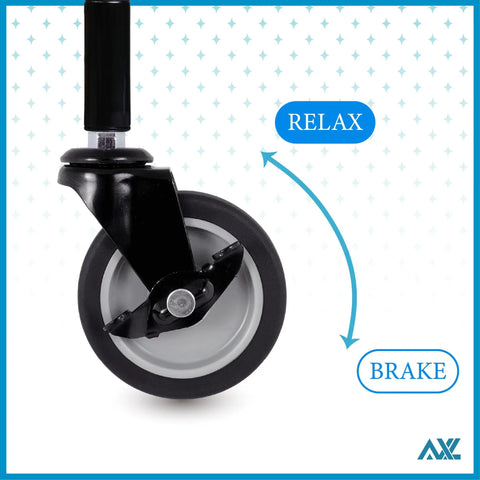 Three Inch TPR Silent Caster Wheels With Five Sixteenths Threaded Stem Soft Rubber Non Marking Hassle Free Glide Rollers For Cabinets Kitchen Islands And Retail Shelving Set Of Four close-up with brake feature.