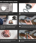 Installation steps for Kitchen Sink Basket Strainer Replacement for standard drains 3.25 inch chrome plated stainless steel.