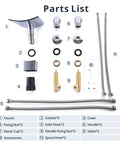 Parts list for Waterfall Bathroom Faucet For 8 Inch Widespread 3 Hole Vanity Deck Mount With Two Crystal Handles, Stainless Steel Polished Chrome Finish