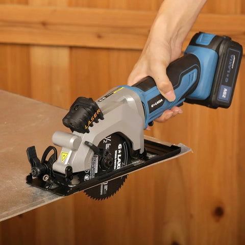 Badass Cordless Mini Circular Saw Featuring 4-1/2-Inch Pure Copper Motor And Integrated Laser Guide For Clean Cuts Rapid Setup Lightweight Build handles cutting metal with precision.