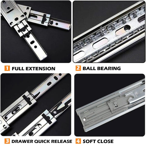 Heavy Duty 20 Inch Full Extension Drawer Slides Featuring Soft Close Ball Bearings Side Mount Cabinet Glides showing detailed views of hardware features.