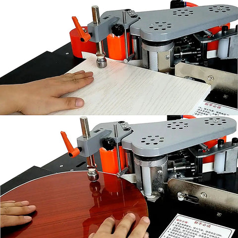 Portable Benchtop Edge Banding Machine For Woodworking With Double Sided Gluing And Pulley System Automatic Cutting Desktop Manual Binding A Compact Workhorse With 1200W Copper Motor Quick Glue Heating And Capable Of Handling Material Up To 60mm Thick in use on wooden panels.