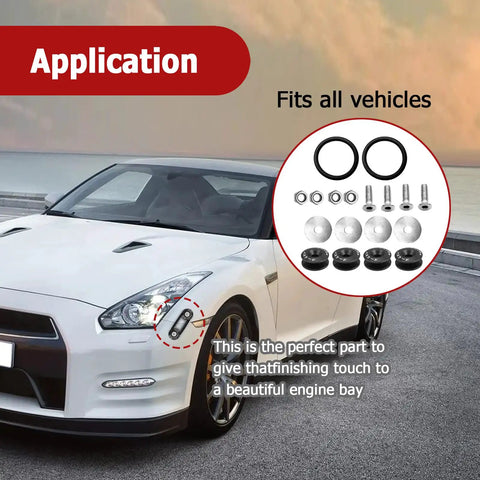 Billet Quick Release Bumper Trunk Fastener Kit shown with car and installation diagram.