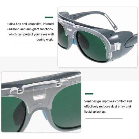 Top Shelf Welding Safety Goggles With Heavy Duty ABS Construction And Double Layer Lenses showcasing gray frame, dual lenses, and ventilation features.
