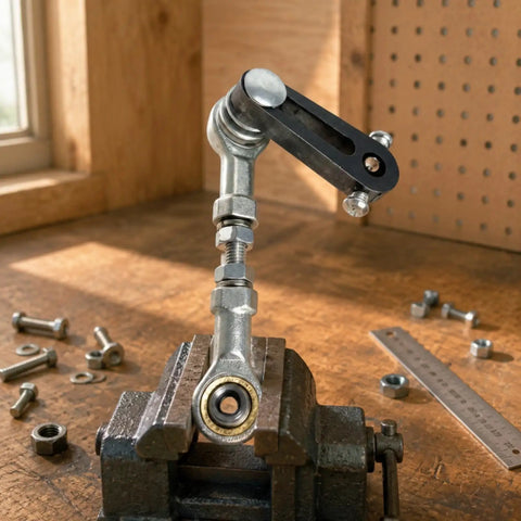 Adjustable Ball Joint Linkage Assembly For DIY Projects Small Swing Arm Kit With Fish Eye Joint Sturdy Hobbyist Grade Smooth Rotating Mechanism And Flexible Leverage For Tinker Friendly Custom Builds on metal bench