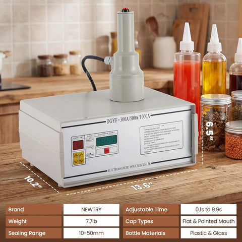 Handheld Induction Sealer For Flat And Spout Caps 10 To 50 mm Portable Bottle Finisher 110V on a countertop with jars.