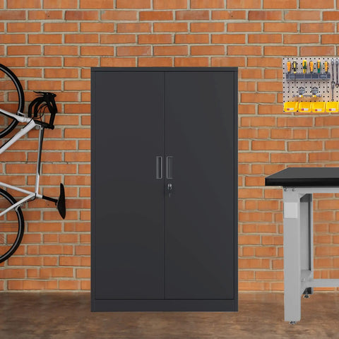 Badass Metal Storage Cabinet With Locking Doors And Three Adjustable Shelves 53 Inch Tall Lockable Steel Cupboard For Garage Home Office Or Pantry Use Black Finish against a brick wall.