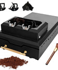 Electric Espresso Grounds Collection Box With Automatic Portafilter Cleaner For 58mm Filters, black design with cleaning brushes and coffee grounds.