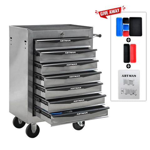 21 Inch Lockable Rolling Tool Chest With Tough As Nails Steel Build And Smooth Ball Bearing Slides Parking Brake Casters For Easy Shop Hopping Sturdy Utility Cabinet For Any Garage Project In Classic Silver showing multiple drawers and casters.