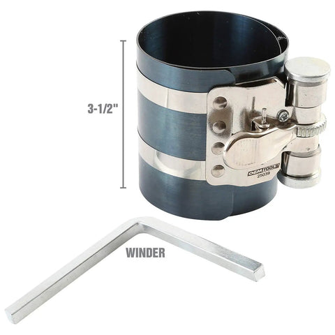 Adjustable Piston Ring Compressor Tool Fits 3.5 To 7 Inch Pistons With Spring Steel Body And Quarter Inch Drive Adjuster shown at 3.5 in size