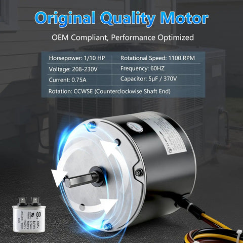 Condenser Fan Motor Hvac Replacement Heavy Duty Copper Winding delivers serious performance with 1/10 HP 1100 RPM specs.