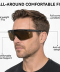 Top Shelf 1064nm Laser Safety Glasses Featuring OD4 Plus Lens Shield For Fiber Marking And Engraving Built Tough As Nails To Crush Daily Fog And Deep Scratches worn by man, showcasing anti-slip temple and comfortable nose support.