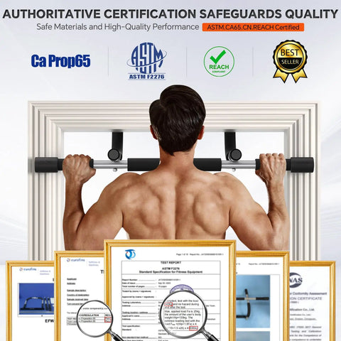 Super Heavy Duty Doorway Pull Up Bar Beast Featuring Thickened Steel Frame And Comfortable High Fiber Foam Handles For Chin Ups And Intense Home Gym Grinds Holding 440 Pounds Securely installed in doorway with certification documents.