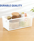 Top Shelf White Plastic Storage Baskets Real Deal Solution For Counters And Under Cabinet Organization With Ventilated Side Walls Comfortable Grip Handles And Effortless Nesting Layout with jars and snacks inside