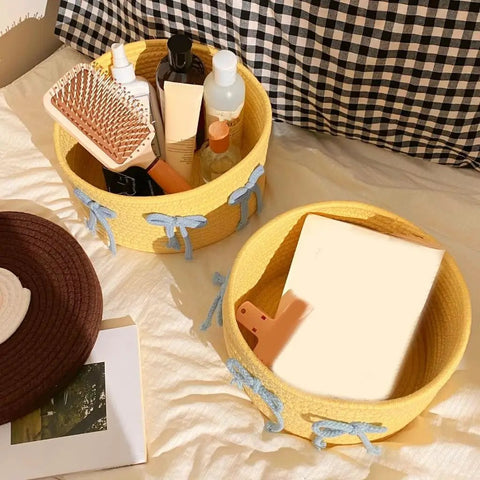 Legit Handwoven Cotton Storage Basket With Snug Dustproof Lid Solid Home Hub Organizer Perfect For Bedroom Clothes And Living Room Gear Nifty Space Saving Set Up You Will Score, featuring yellow baskets holding personal items.