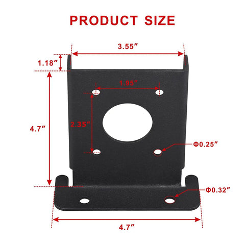 Front view of black heavy-duty post anchor bracket showing dimensions for 8 Pcs Adjustable Wood Fence Pergola Post Base Brackets Kit Fit 4x4 Posts Actual 3.5x3.5 Inches