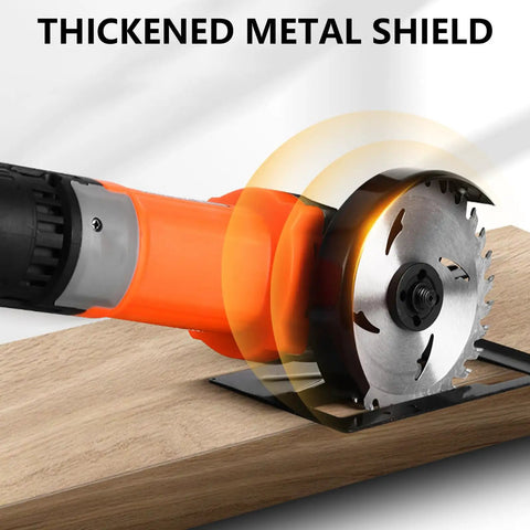 Keep Nasty Sparks Safe While You Work With This Rugged Adjustable Angle Grinder Holder Stand Featuring Heavy Duty Steel Debris Protection For 100 Mm Tools Your Shop Will Love, showing a metal shield on an angle grinder.