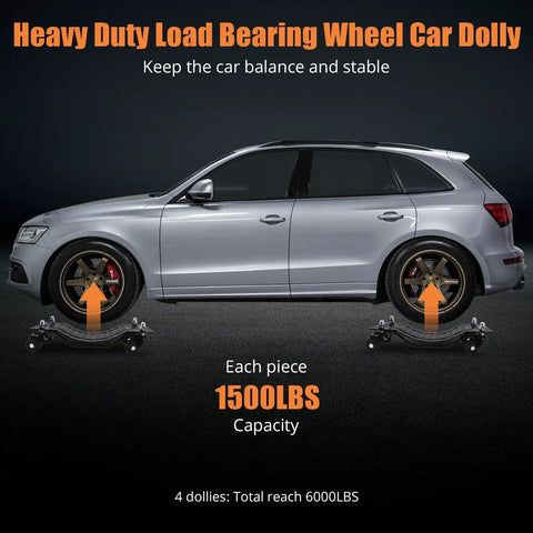 Rock Solid Car Dollies 4 Pack, Slick 360 Swivel Tire Lifts For Hassle Free Vehicle Positioning, showcasing car dolly under a silver SUV with 1500lbs capacity.