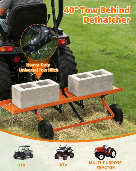 40-Inch Tow Behind Dethatcher with 20 rust-proof tines and heavy-duty tires in use, attached to lawn tractor, clearing yard grass