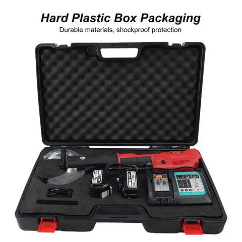 Heavy Duty Electric Hydraulic Cable Cutter with LED Display and Carrying Case for Copper Aluminum Armor Wires up to 85mm in hard plastic box.
