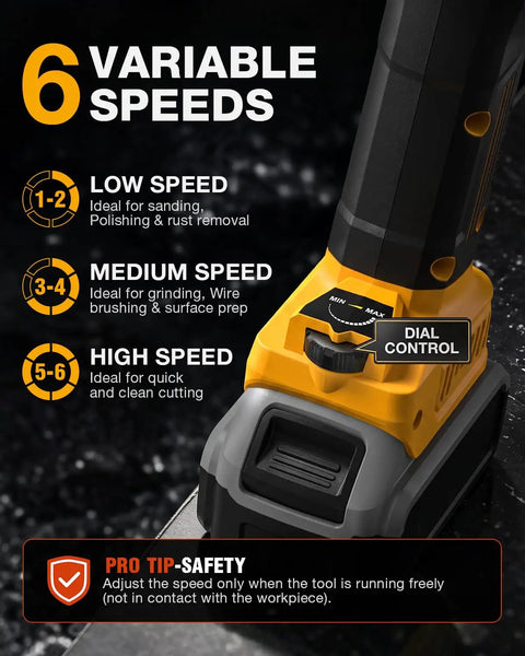 Tough As Nails Five Inch Cordless Angle Grinder Built For 20 Volt Battery Packs with six speed settings dial control for precision use.