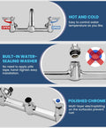 Rock Solid Wall Mount Kitchen Faucet With Swivel Spout And Dual Handles Crafted From Premium Lead Free Solid Brass Chrome Finish close-up of hot and cold controls.