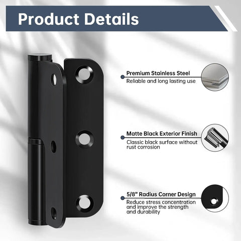 Black stainless steel door hinge showing matte finish, radius corner design featuring quiet no squeak operation.