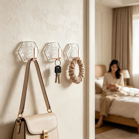 Hella Strong 10 Pcs White Hexagonal Water Ripple Self Adhesive Wall Hooks displayed with keys and a scrunchie.