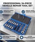 Grip Tight 34 Piece Socket Wrench Tool Set Featuring Knockout 3 In 1 Drive System, chrome vanadium tools in organized case.