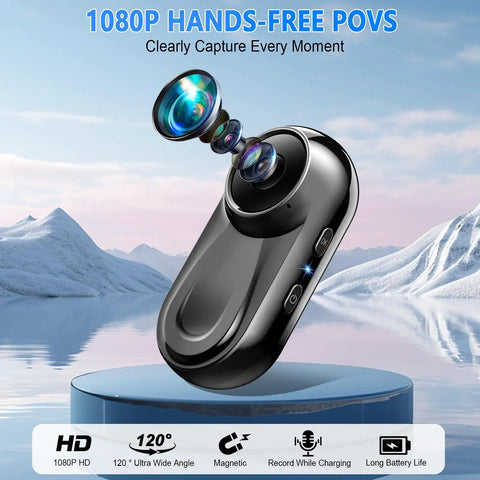 Thumb Size 1080P Wearable Body Camera With 64GB Card showcasing lens components and features over a scenic background