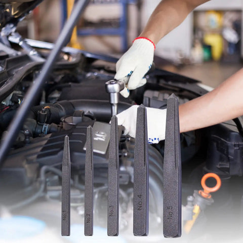 Five Piece Easy Out Bolt Extractor Set With Straight Fluted Screw Extractors For Removing Damaged Screws Bolts And Studs Quickly Square Type Heavy Duty Fastener Removal Tool Kit next to a mechanic using a tool on a car engine.