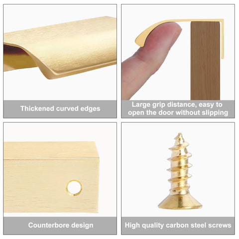 Gold Adhesive Edge Finger Pulls for Cabinets, 3.15 Inch No Drill Hidden Finger Pulls, brushed gold with screws and 3M adhesive