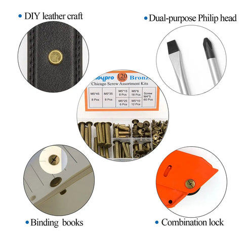 Image of Heavy Duty Bronze Chicago Screws And Binding Posts For Scrapbook Albums Leather Crafting Assorted M5 Lengths Knockout Hardware Kit used in DIY leather craft.