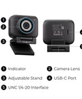 Front and back view of 4K Streaming Webcam with uncompressed video and DSLR like controls for killer clarity, HDR, and cinematic effects.