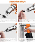 Operation steps for Heavy Duty Pneumatic Rivet Gun Kit With 500 Pop Rivets And Five Swappable Nosepieces Hella Strong.