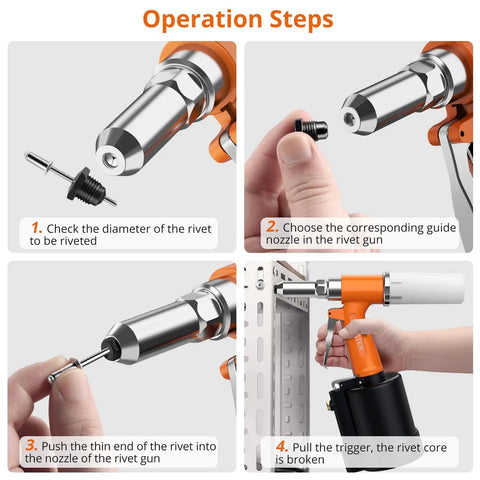 Operation steps for Heavy Duty Pneumatic Rivet Gun Kit With 500 Pop Rivets And Five Swappable Nosepieces Hella Strong.