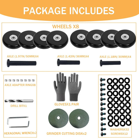 Replacement Wheels For Luggage Suitcase 50mm Diameter 8 Pc Wheel Set With 30mm, 36mm And 50mm Axles, toolkit displayed