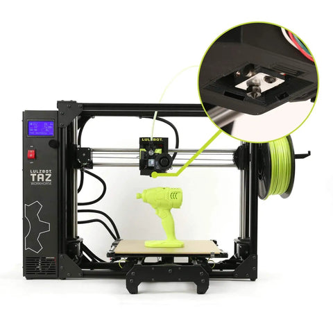 TAZ Workhorse Pro 3D Printer With Premium E3D Hot End And Belt Driven Z Axis showcasing a green drill print on build plate.
