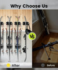 Space Saving Ski And Snowboard Wall Mount With Non Slip Rubber Grip Pads Garage Storage Rack displayed in organized after vs cluttered before view.