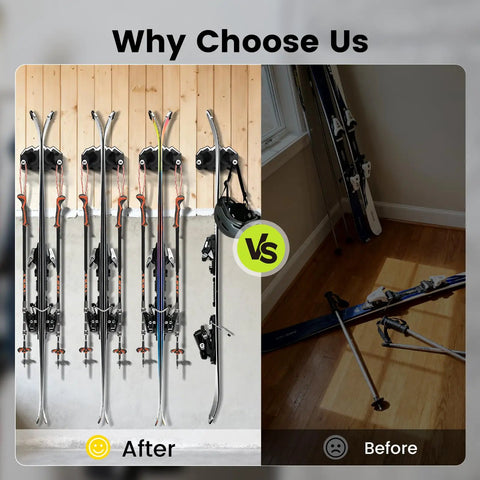 Before and after image showcasing Badass Ski And Snowboard Wall Mount Two Pack With Non Slip Grips for storage solutions.
