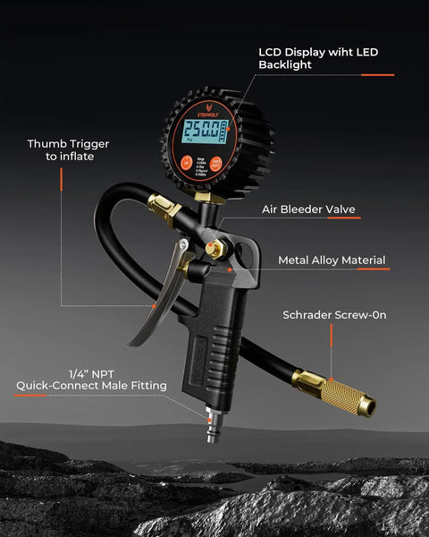 Digital Tire Pressure Gauge With Inflator 0-250 PSI Calibrated To ANSI B40.7 Grade 2A, labeled parts and features
