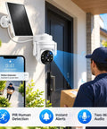 Wireless Outdoor Security Camera With Solar Power And Two Way Talk 2K Hd Full Color Night Vision mounted near front door with smartphone alerts.