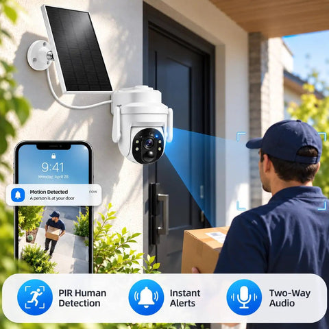 Wireless Outdoor Security Camera With Solar Power And Two Way Talk 2K Hd Full Color Night Vision mounted near front door with smartphone alerts.